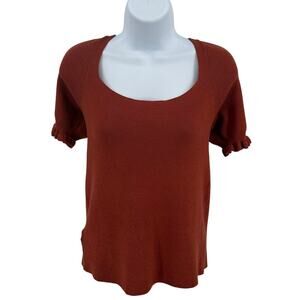 Loft Blouse Top WMNS L Ribbed Knit Rust Orange Ruffled Short Sleeve Square Neck